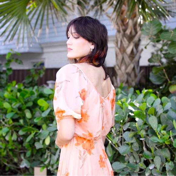 VTG 70s Peach Floral Maxi Dress Boho Prairie Peasant Pleated Skirt Festival. SM - Picture 7 of 14